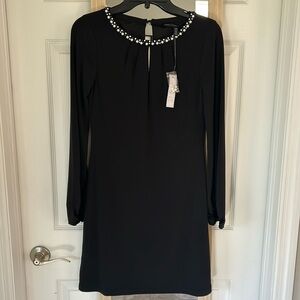 WHITE HOUSE BLACK MARKET LONG SLEEVE DRESS PEARL/CRYSTAL NECKLINE SZ XXS NWT